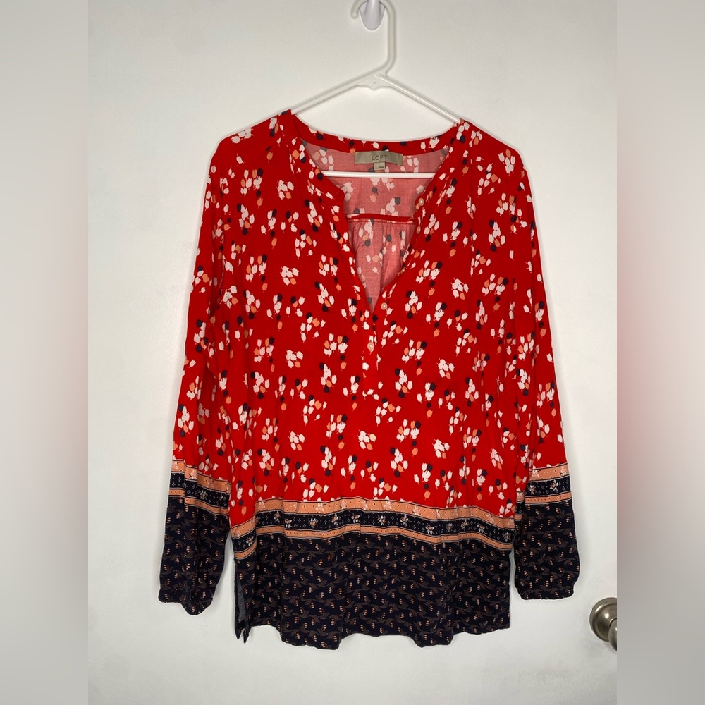 Ann Taylor LOFT Mixed Floral Long Sleeve Henley Blouse